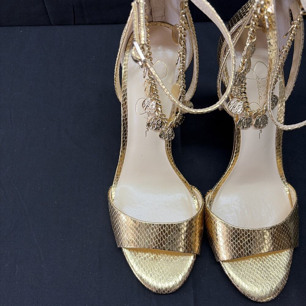 Jessica Simpson Jetser Chain Medallion Heeled Sandal, Gold, 9.5 Ships Same Day - Picture 2 of 6